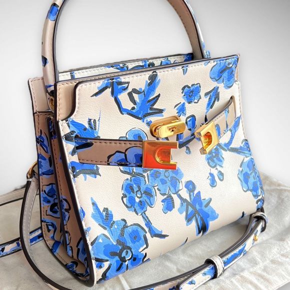 Tory Burch, Bags, Tory Burch Lee Radziwill Petite Double Bag In Ivory  Cobalt Blue Floral 798